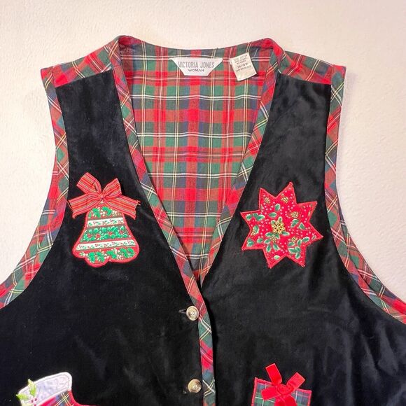 Vintage Victoria Jones Woman Christmas Vest Red Plaid Size 18 W Black Velvet - Picture 9 of 13